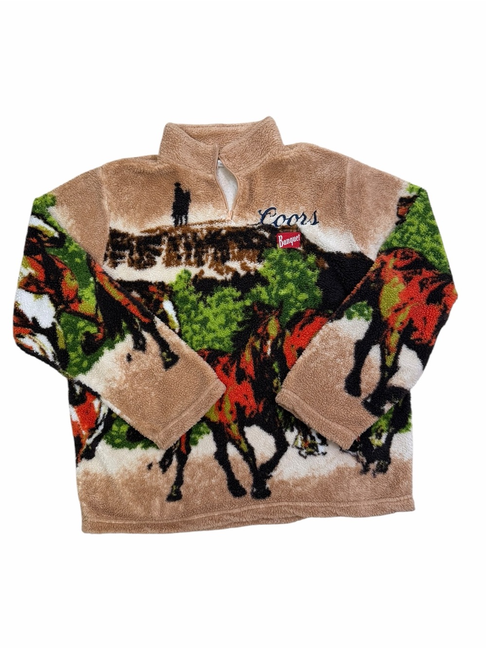 Coors Banquet Scenic Western Print Fuzzy Fleece 1/4 Zip Mens Jacket XL 46-48 EUC